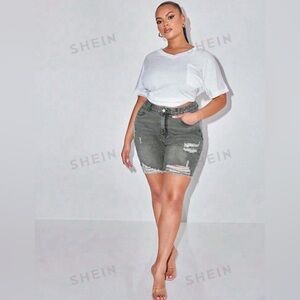 Washed Denim Shorts With Distressed Detail